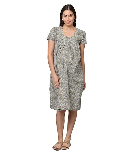 Morph Maternity Half Sleeves Floral Botanical Printed Maternity Feeding Dress With Hidden Zip - Olive Green