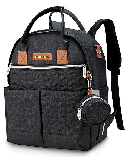 Little Story Quilted Diaper Backpack with Pacifier Bag and Stroller Hooks - Black