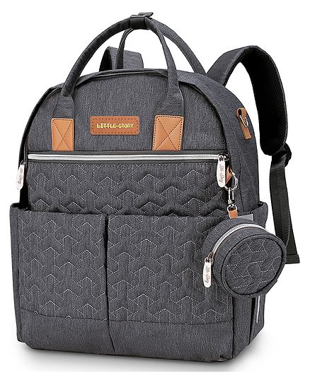 Little Story Quilted Diaper Backpack with Pacifier Bag and Stroller Hooks - Grey