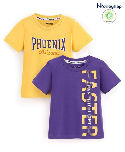 Honeyhap Premium 100% Cotton Half Sleeves Bio-Washed T-Shirt Text Print Pack of 2 - Minion Yellow & Liberty