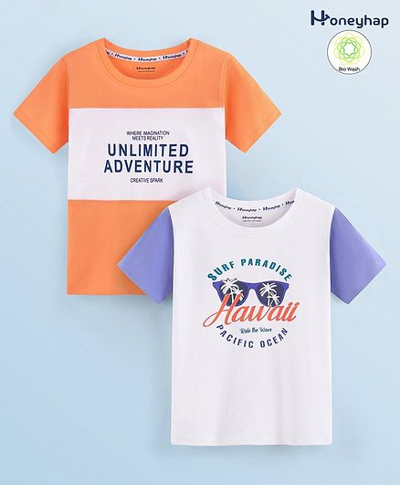 Honeyhap Premium 100% Cotton Half Sleeves Bio Washed T-Shirt Text Print Pack of 2 - Papaya & White