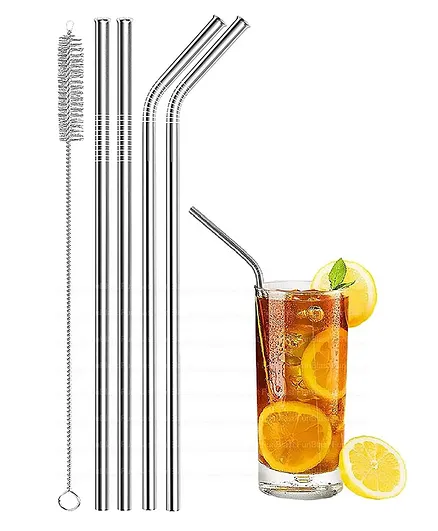 FunBlast Stainless Steel Straws with Cleaning Brush - Silver