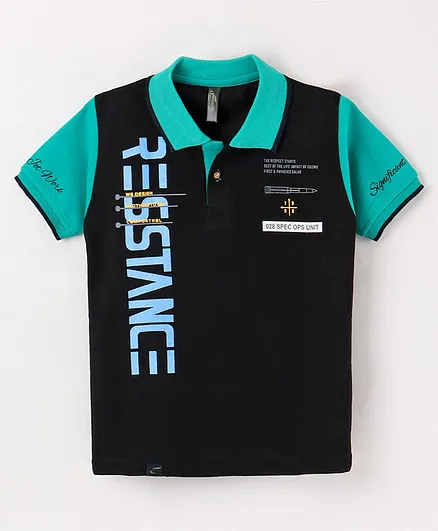 Earth Conscious Half Sleeves  Resistance Abstract Text Printed Polo Tee - Black & Green