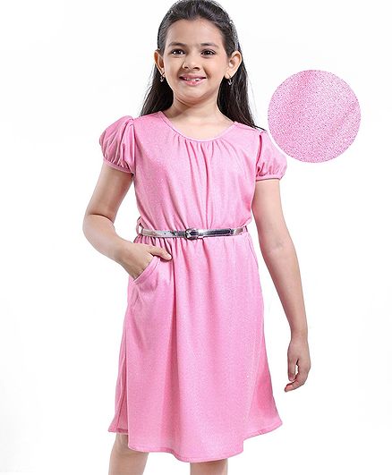 Hola Bonita Half Puff Sleeves Glitter Dress with Pockets - Pink