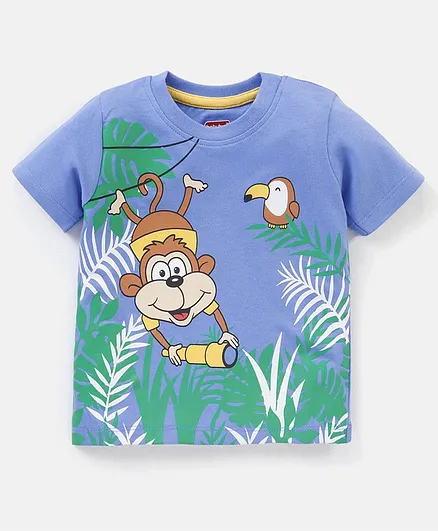 Babyhug Cotton Half Sleeves T-Shirt Monkey Print- Blue