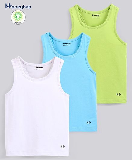 Honeyhap Cotton  Single Jersey Soft & Stretch Solid Colour Vests Pack of 3 - Balric Sea White & Tender Shoot