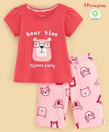 Honeyhap Premium 100% Cotton Half Sleeves Night Suit with Bio Finish Bear Print - Hot Coral & Impatiens Pink