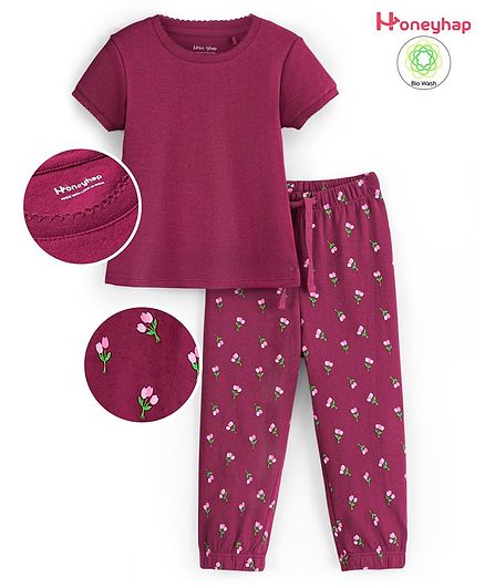Honeyhap Premium 100% Cotton Half Sleeves Night Suit With Bio Finish Floral Print - Beet Red