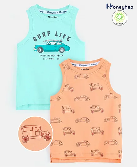 Honeyhap Premium 100% Cotton Hawaii Printed Sleeveless T-Shirt with Bio Finish Pack of 2 - Salmon Buff & Yucca
