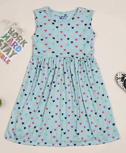Zion Sleeveless All Over Hearts Printed Knitted Fit And Flare Dress - Light Blue