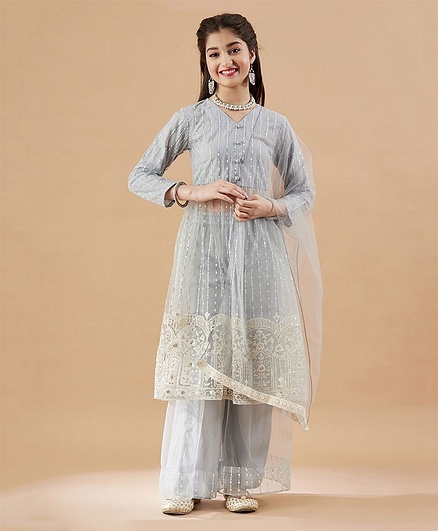 Cherry & Jerry Three Fourth Sleeves Embroidered Sequin Embellished Kurta & Sharara With Dupatta - Blue