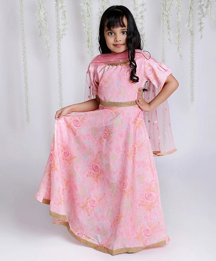 KID1 Puffed Half Sleeves Watercolour Effect Roses Printed & Gota Lace Embellished Ethnic Gown With Flower Detailed Sequin Dupatta & Belt - Pink