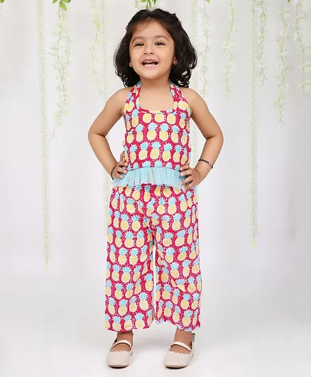 KID1 Pina Colada Theme Sleeveless All Over Pineapple Printed Frill Mesh Hem Detailed Top With Coordinating Pant - Pink