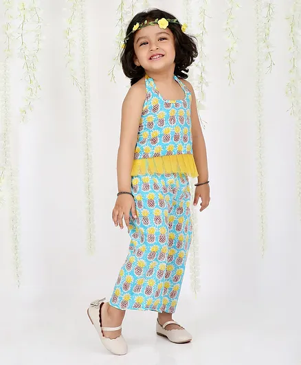 KID1 Pina Colada Theme Sleeveless All Over Pineapple Printed Frill Mesh Hem Detailed Top With Coordinating Pant - Sky Blue