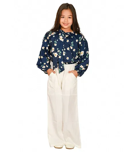 Lilpicks Couture Full Sleeves Floral Printed Top With Pant - Navy Blue