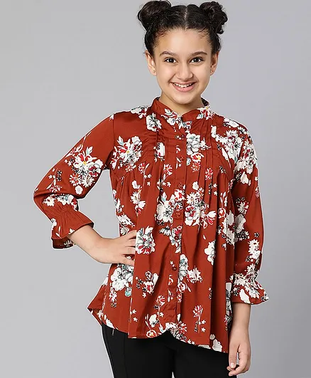 Oxolloxo Three Fourth Bell Sleeves Pleated Neckline Detailed & Floral Printed Flared Top - Brown