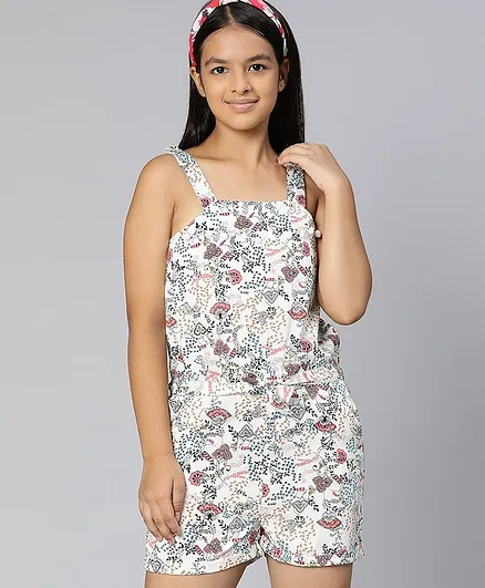 Oxolloxo Sleeveless All Over Floral Swirl & Leaf Printed Jumpsuit - Multi Colour