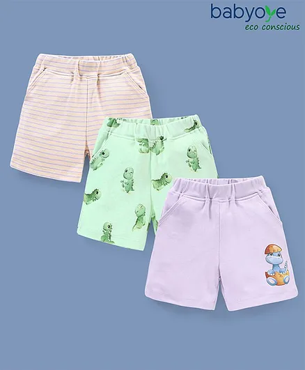 Babyoye 100% Cotton with Eco Jiva Finish Dino Printed Shorts Pack of 3 - Green Peach & Lilac