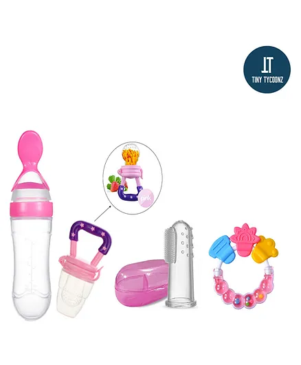 Tiny Tycoonz Combo of Silicone Squeezy Food Feeder Bottle With Spoon, Rattle Teether, Soft Silicone Finger Toothbrush and Silicone Rattle Fruit And Food Nibbler