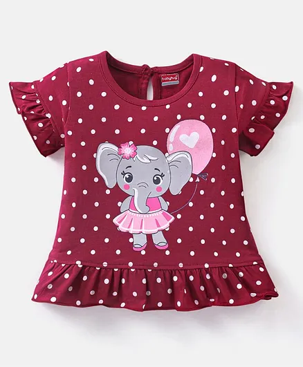 Babyhug 100% Cotton Knit Half Sleeves Tee with Elephant Graphic - Maroon