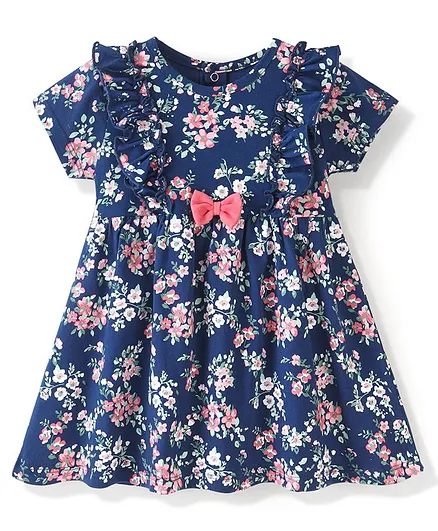 Babyhug 100% Cotton Knitted Half Sleeves Frock Floral Printed - Navy Blue