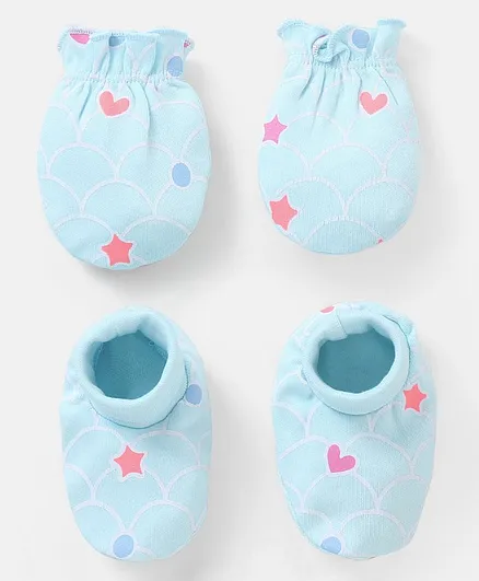 Babyhug 100% Cotton Mittens And Booties Heart & Star Print - Blue