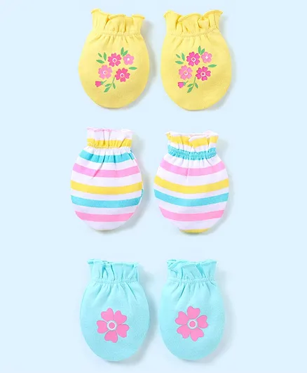 Babyhug 100% Cotton Mittens Floral Printed  & Stripes Pack of 3 - Blue & Yellow