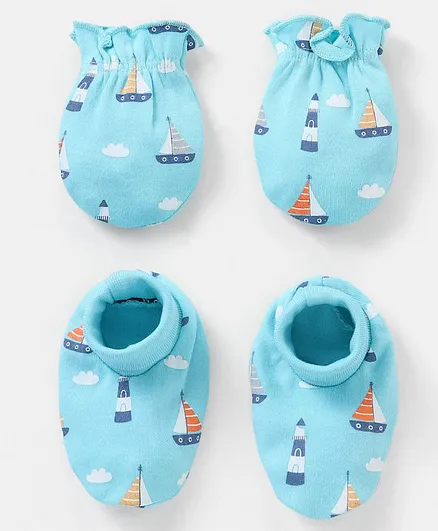 Babyhug 100% Cotton Knit Mittens & Booties Set Boat Print - Blue