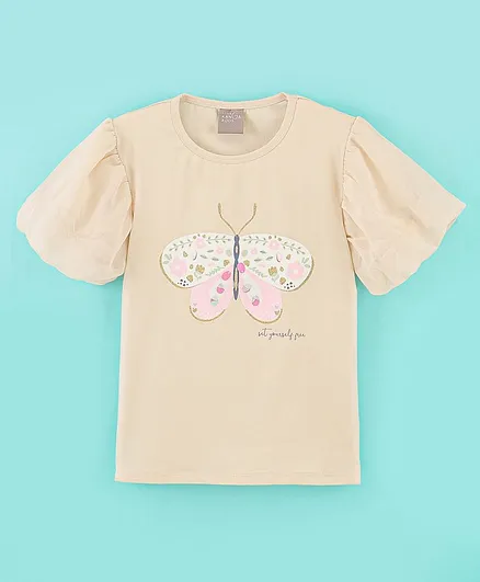 Little Kangaroos Cotton Lycra Half Sleeves Top Butterfly Print- Beige