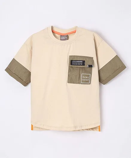 Little Kangaroos 100% Cotton Loose Fit Half Sleeves Drop Shoulder T-Shirt Side Pocket Text Print  - Peach