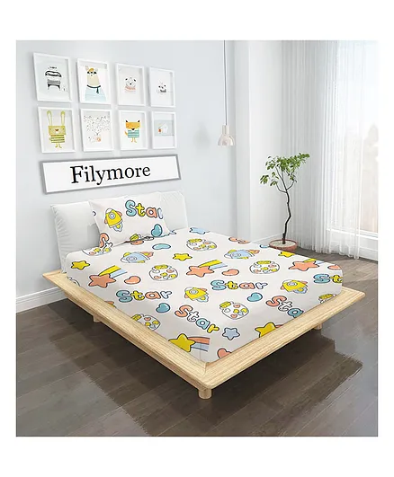 Filymore Kids Single Bedsheet Cute Space Design with 1 Pillow Cover - Off white