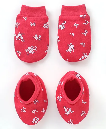 Babyhug 100% Cotton Knit Mittens & Booties Set Floral Print - Red