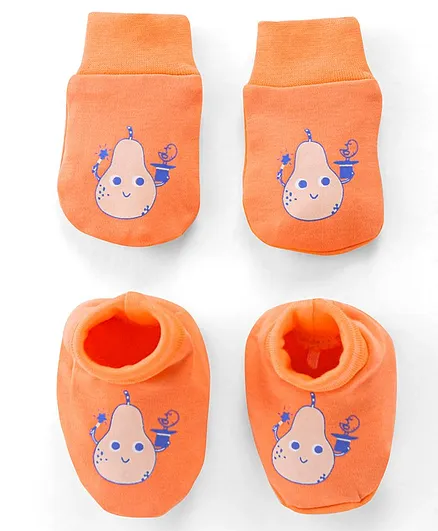 Babyoye 100% Cotton With Eco Jiva Finish Mittens & Booties Set Pears Print - Orange