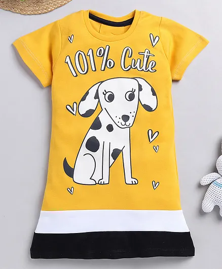 Little Marine Short Sleeves 101% Cute Doggy Printed Night Wear T Shirt Dress - Yellow