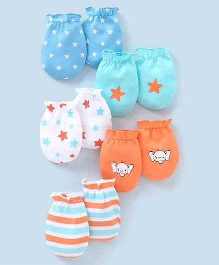 Babyhug 100% Cotton Star Print Mittens Pack of 5 - White Orange & Blue