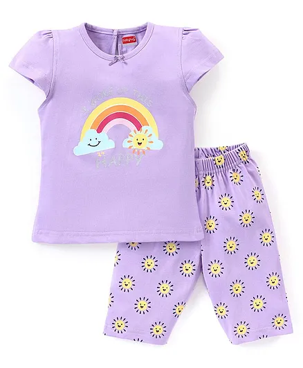 Babyhug Cotton Knit Cap Sleeves Top & Capri Night Suit Rainbow Print - Purple