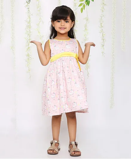 KID1 Sleeveless All Over Baby Elephant Printed Fit & Flare Bow Embellished Dress - Peach