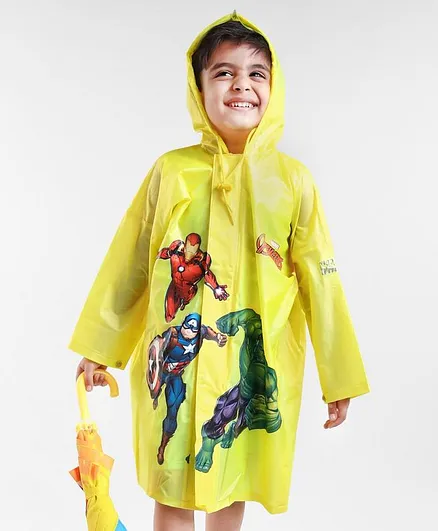 Babyhug Full Sleeves Hooded Raincoat Avengers Print - Yellow