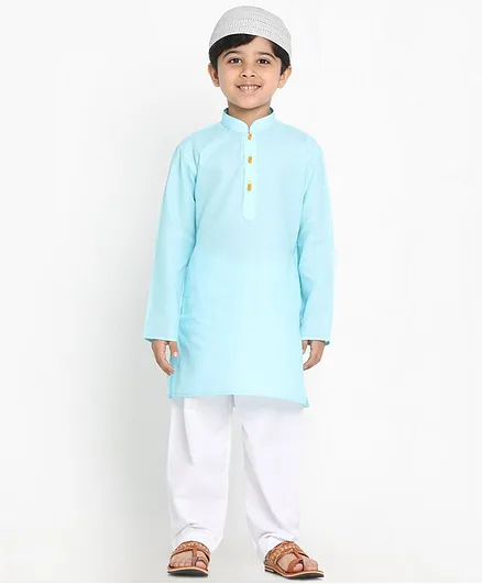 JBN Creation Eid Special Full Sleeves Solid  Kurta Patiala With Cap Set - Aqua Blue &  White