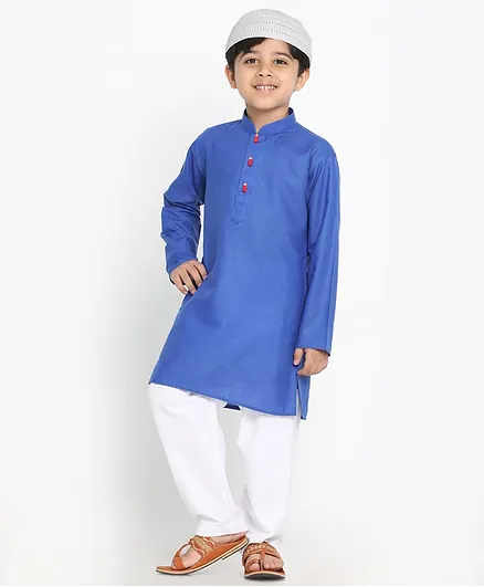 JBN Creation Eid Special Full Sleeves Solid  Kurta Patiala With Cap Set - Blue and White