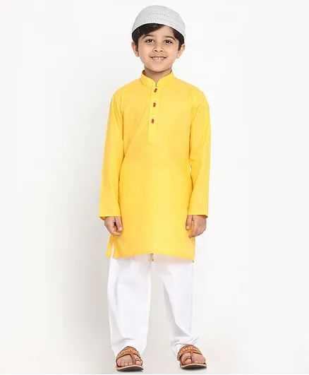 JBN Creation Eid Special Full Sleeves Solid  Kurta Patiala With Cap Set - Yellow and White