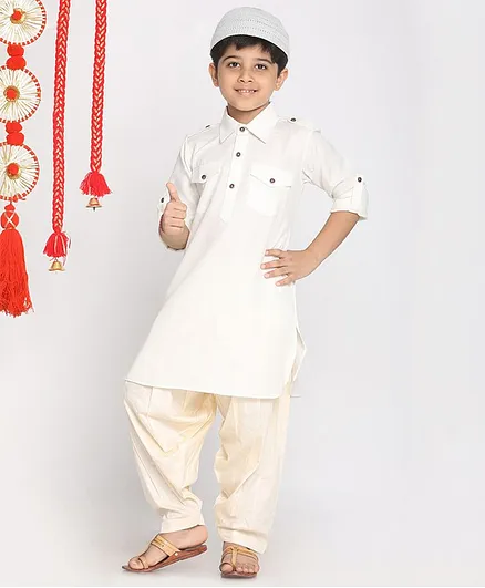 JBN Creation Eid Special Full Sleeves Solid Collared Kurta With Patiala With Cap Set - Cream