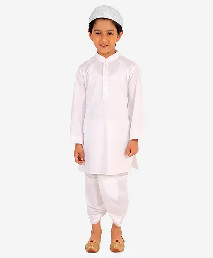 JBN Creation Eid Special Full Sleeves Solid Kurta & Dhoti With Cap Set - White