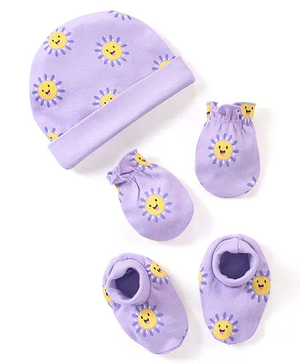 Babyhug 100% Cotton Knit Cap Mittens & Booties Set Sunny Print Purple - Diameter 10.5 cm