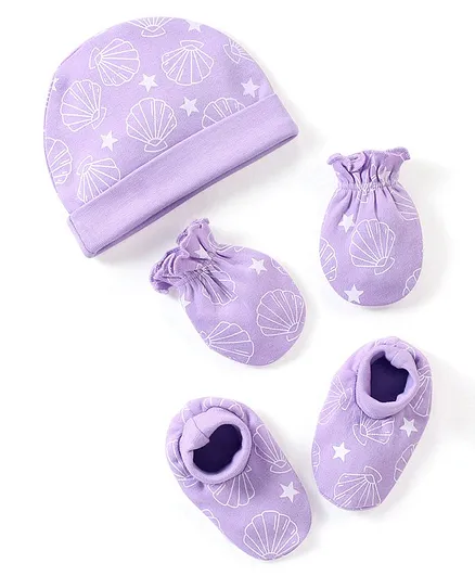 Babyhug 100% Cotton Knit Cap Mittens & Booties Set Sea Shell Print Purple - Diameter 9 cm