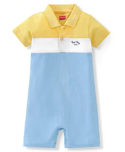 Babyhug 100% Cotton Half Sleeves Romper With Text Print - Blue & Yellow