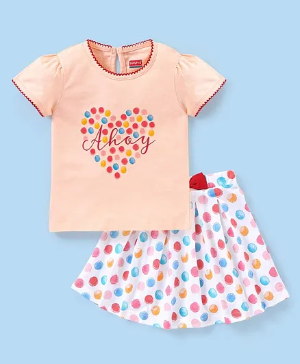 Babyhug 100% Cotton Knit Half Sleeves Top & Skirt Set with Bow Applique & Polka Dots Print - Peach & White