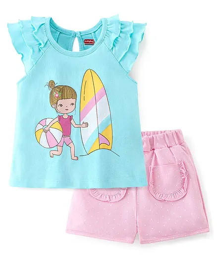 Babyhug 100% Cotton Sleeveless Top & Short Set Surfing Print- Blue & Pink