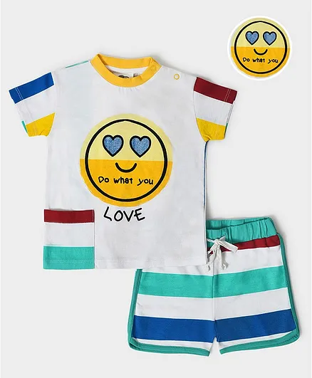 Mi Arcus 100% Cotton Half Sleeves Heart Emoji Printed Tee  & Awning Striped Shorts - Multi Colour
