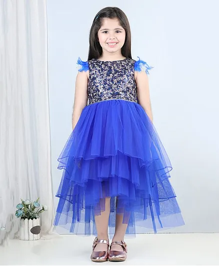 Toy Balloon Kids Cap Sleeves Shimmer & Sequins Embellished & Embroidered Bodices High Low Tulle Party Dress - Blue
